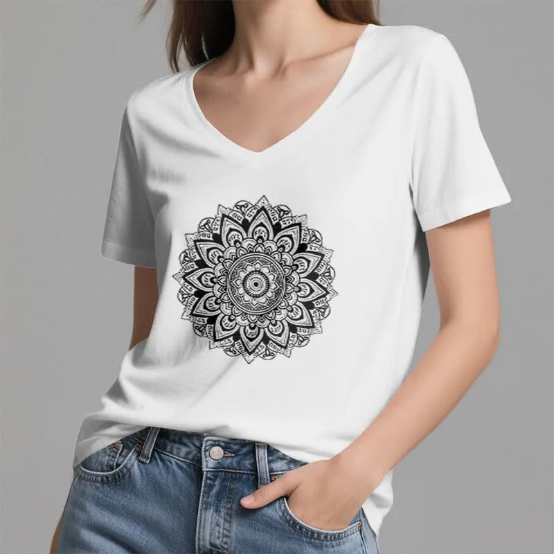 Olivenorma Lotusblume Geometrisches Muster Yoga T-Shirt mit V-Ausschnitt