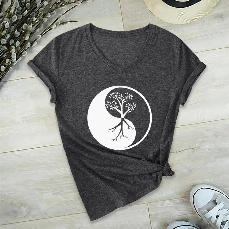 Olivenorma Yin Yang Baum Yoga Meditation T-Shirt mit V-Ausschnitt