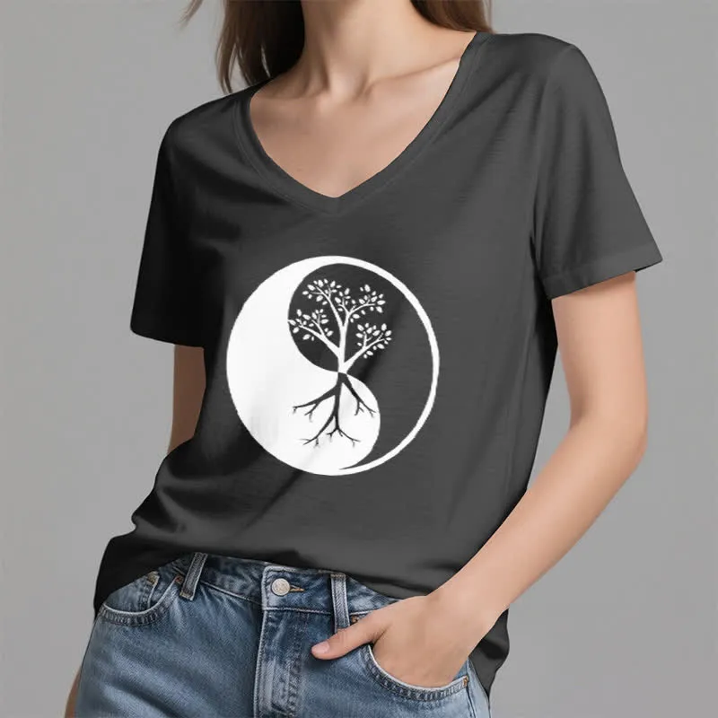 Olivenorma Yin Yang Baum Yoga Meditation T-Shirt mit V-Ausschnitt