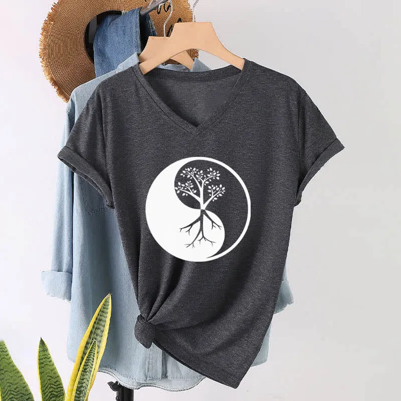 Olivenorma Yin Yang Baum Yoga Meditation T-Shirt mit V-Ausschnitt