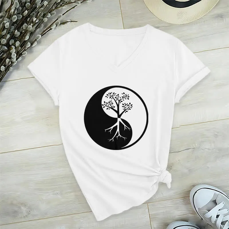 Olivenorma Yin Yang Baum Yoga Meditation T-Shirt mit V-Ausschnitt