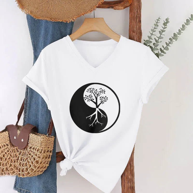 Olivenorma Yin Yang Baum Yoga Meditation T-Shirt mit V-Ausschnitt