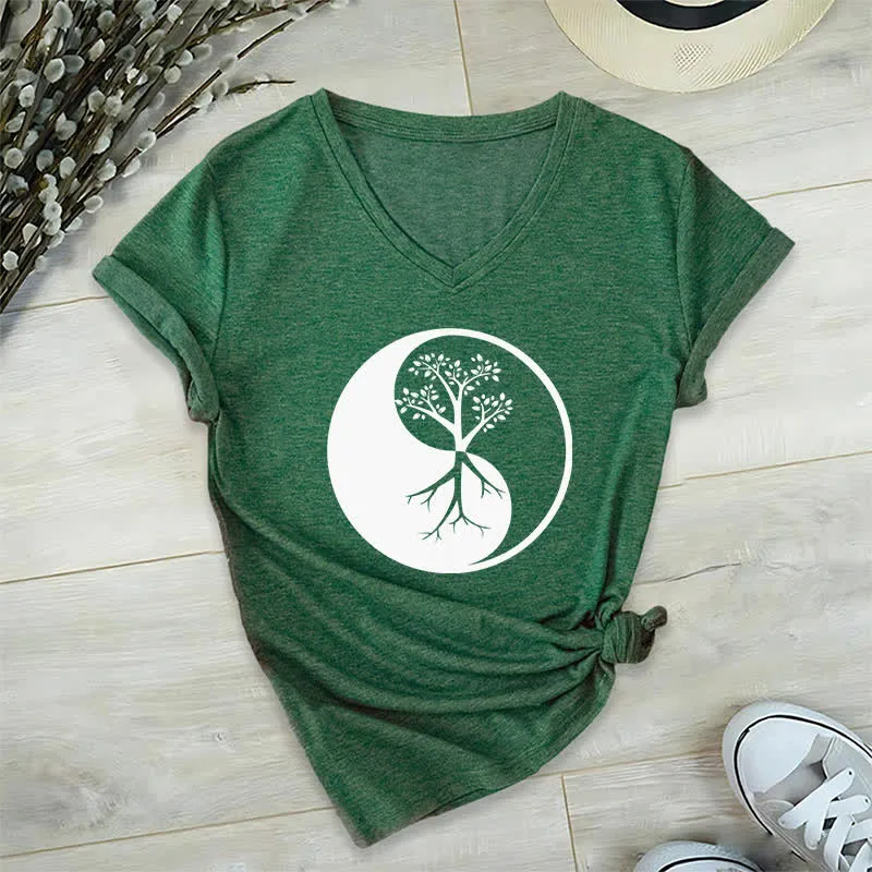 Olivenorma Yin Yang Baum Yoga Meditation T-Shirt mit V-Ausschnitt