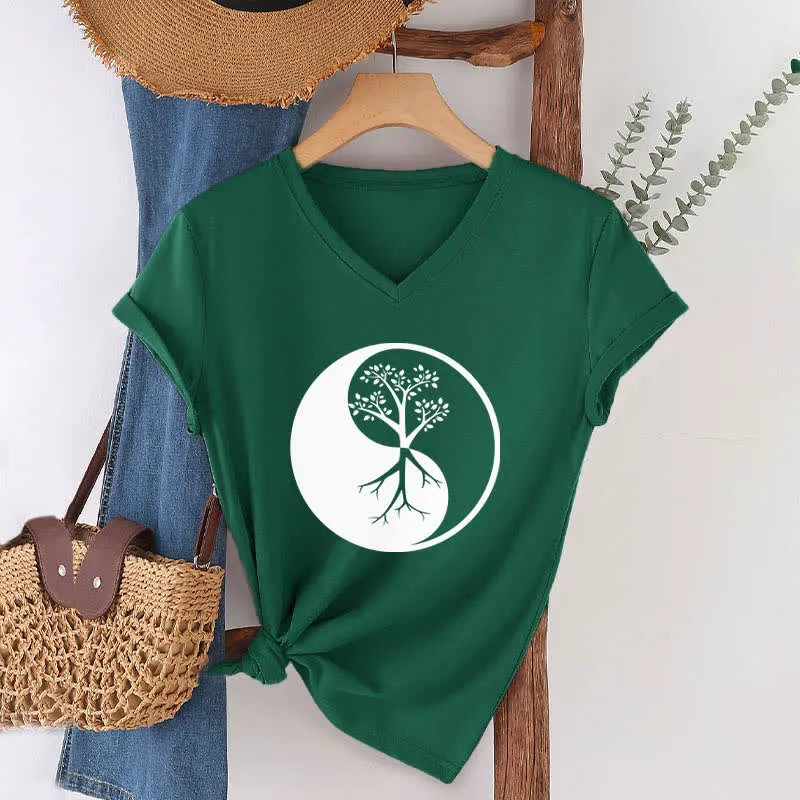 Olivenorma Yin Yang Baum Yoga Meditation T-Shirt mit V-Ausschnitt