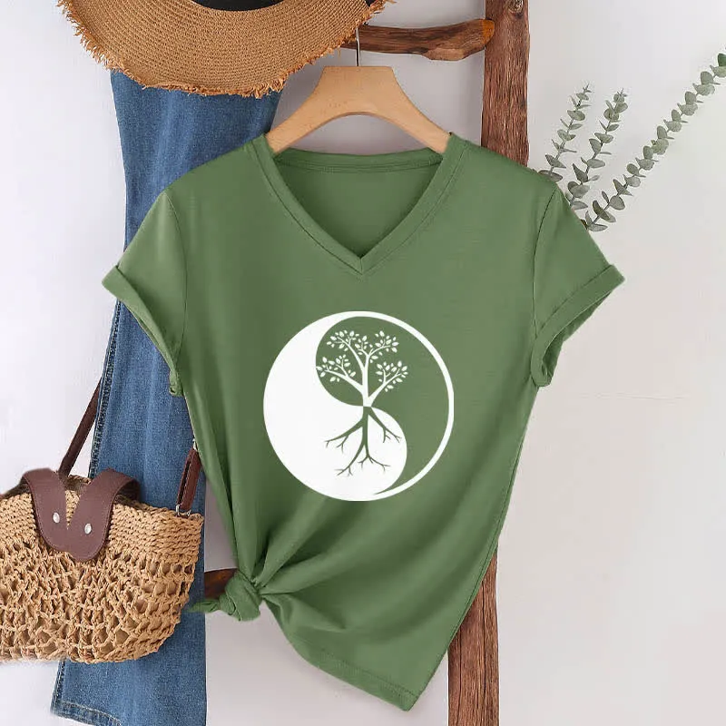 Olivenorma Yin Yang Baum Yoga Meditation T-Shirt mit V-Ausschnitt