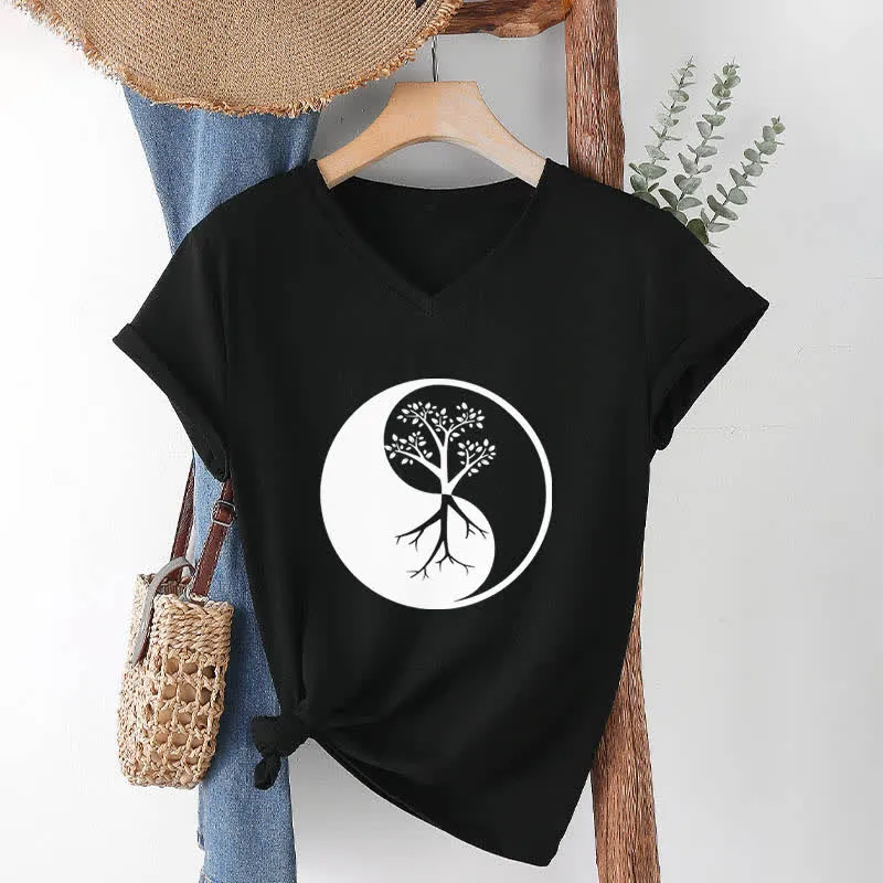 Olivenorma Yin Yang Baum Yoga Meditation T-Shirt mit V-Ausschnitt