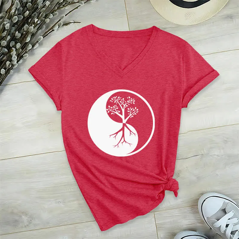 Olivenorma Yin Yang Baum Yoga Meditation T-Shirt mit V-Ausschnitt