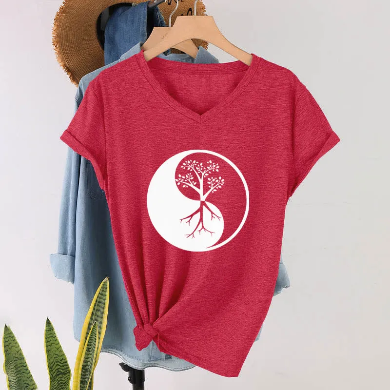 Olivenorma Yin Yang Baum Yoga Meditation T-Shirt mit V-Ausschnitt