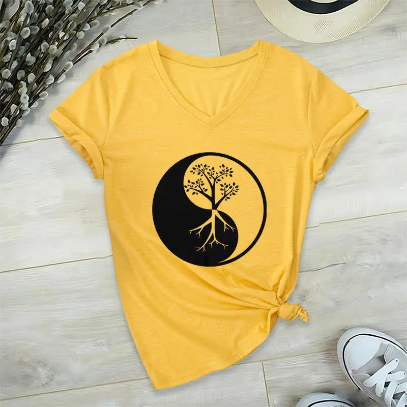 Olivenorma Yin Yang Baum Yoga Meditation T-Shirt mit V-Ausschnitt