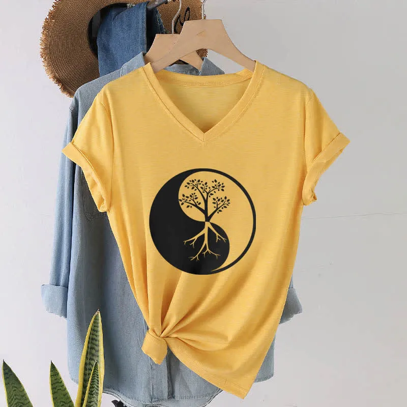 Olivenorma Yin Yang Baum Yoga Meditation T-Shirt mit V-Ausschnitt