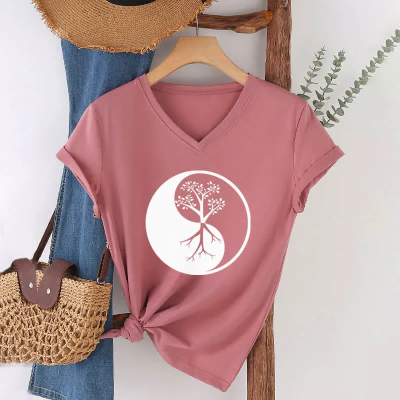 Olivenorma Yin Yang Baum Yoga Meditation T-Shirt mit V-Ausschnitt