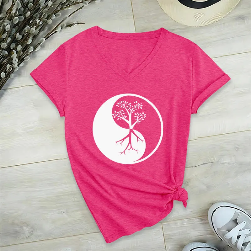 Olivenorma Yin Yang Baum Yoga Meditation T-Shirt mit V-Ausschnitt