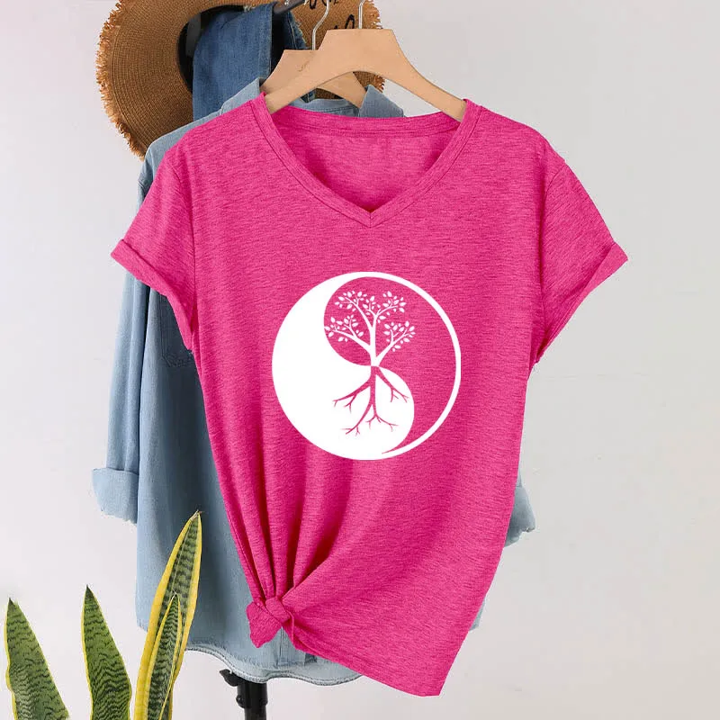 Olivenorma Yin Yang Baum Yoga Meditation T-Shirt mit V-Ausschnitt