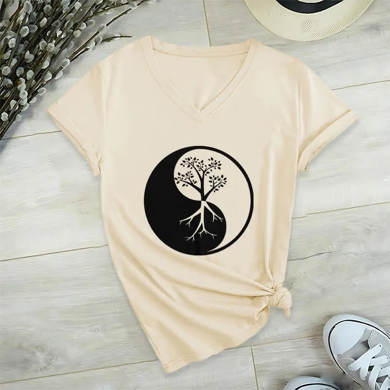 Olivenorma Yin Yang Baum Yoga Meditation T-Shirt mit V-Ausschnitt