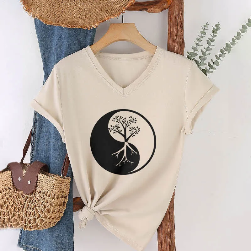 Olivenorma Yin Yang Baum Yoga Meditation T-Shirt mit V-Ausschnitt