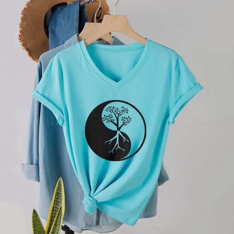 Olivenorma Yin Yang Baum Yoga Meditation T-Shirt mit V-Ausschnitt
