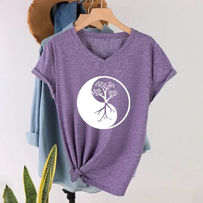 Olivenorma Yin Yang Baum Yoga Meditation T-Shirt mit V-Ausschnitt