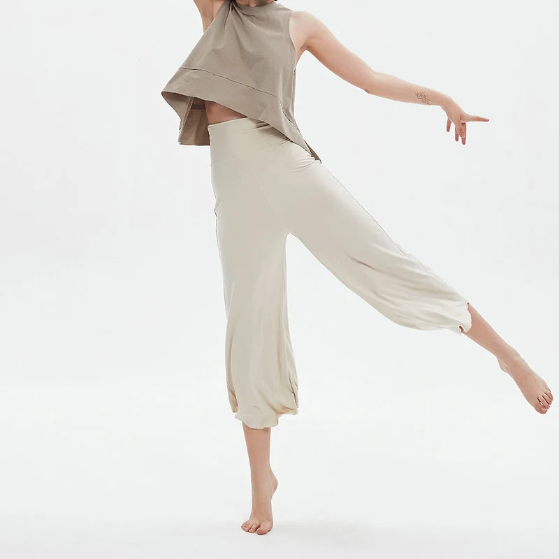 Olivenorma – Einfarbige Yogahose mit hoher Taille und weitem Bein, lockerer Schlag