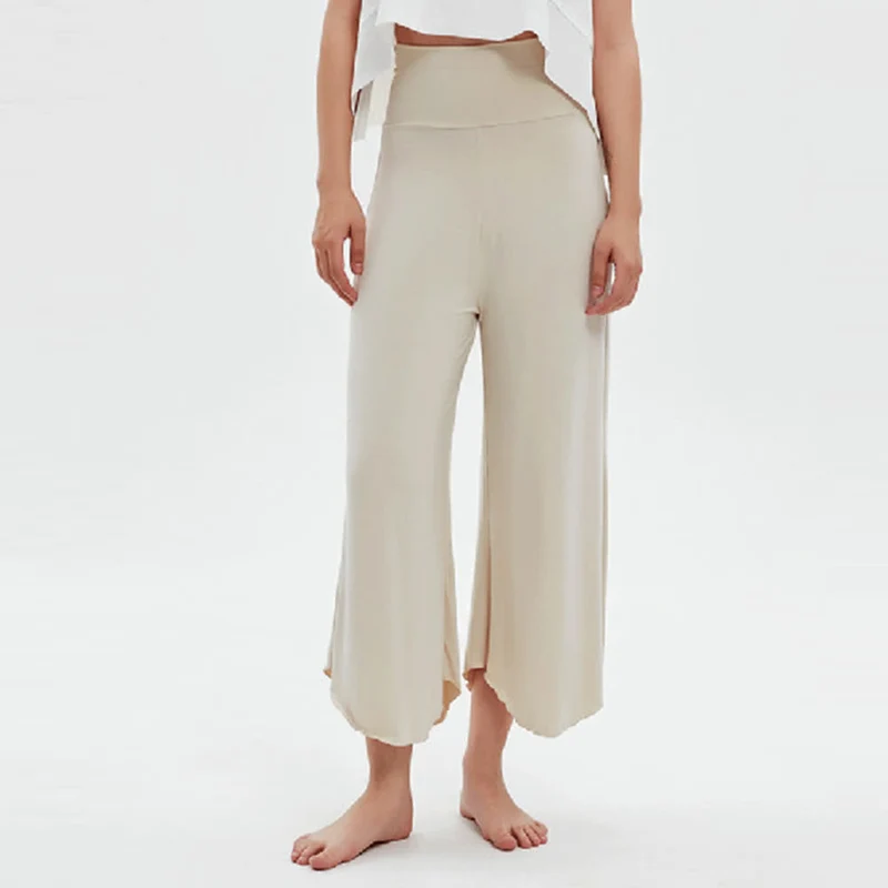 Olivenorma – Einfarbige Yogahose mit hoher Taille und weitem Bein, lockerer Schlag