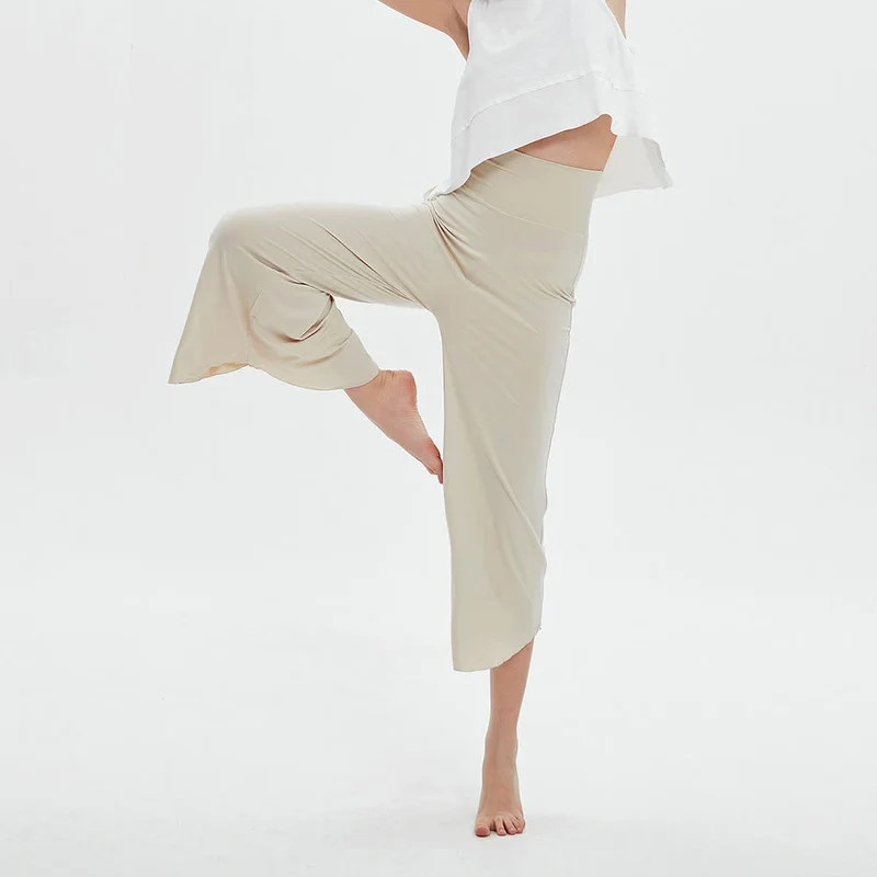 Olivenorma – Einfarbige Yogahose mit hoher Taille und weitem Bein, lockerer Schlag