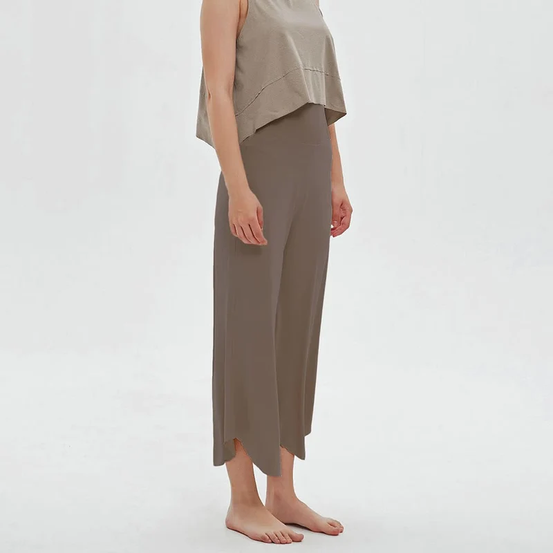 Olivenorma – Einfarbige Yogahose mit hoher Taille und weitem Bein, lockerer Schlag