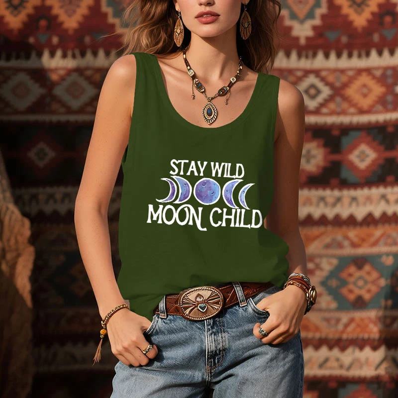 Olivenorma "STAY WILD, MOON CHILD" Mondphasen-T-Shirt mit weichem spirituellem Tank