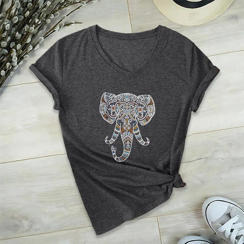 Olivenorma Damen Natur und Tier Elefant V-Ausschnitt T-Shirt