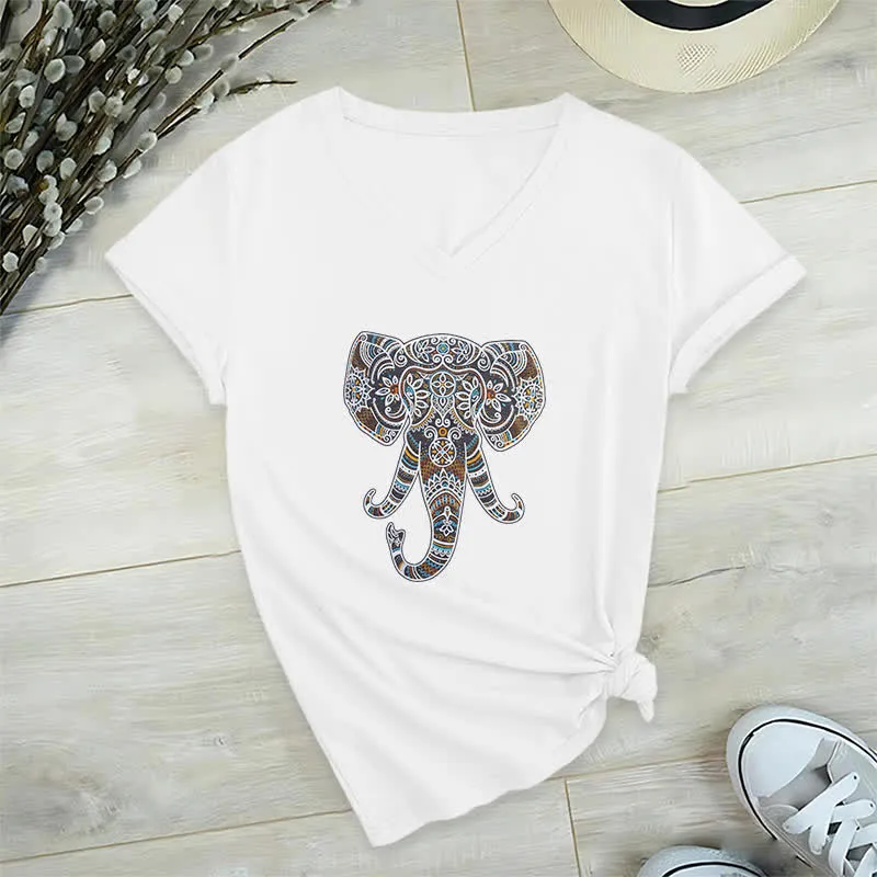 Olivenorma Damen Natur und Tier Elefant V-Ausschnitt T-Shirt