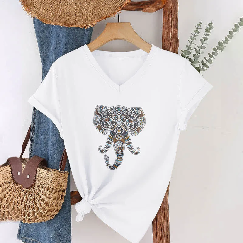 Olivenorma Damen Natur und Tier Elefant V-Ausschnitt T-Shirt