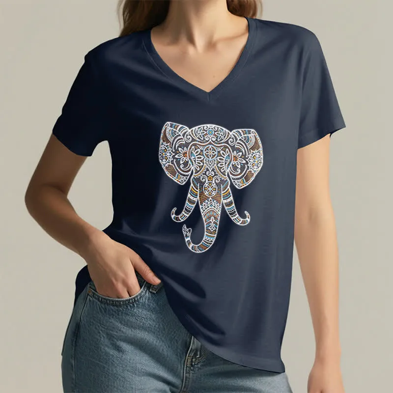 Olivenorma Damen Natur und Tier Elefant V-Ausschnitt T-Shirt