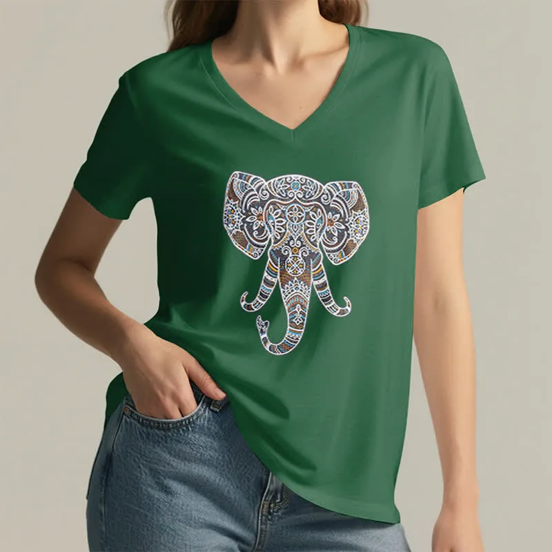 Olivenorma Damen Natur und Tier Elefant V-Ausschnitt T-Shirt