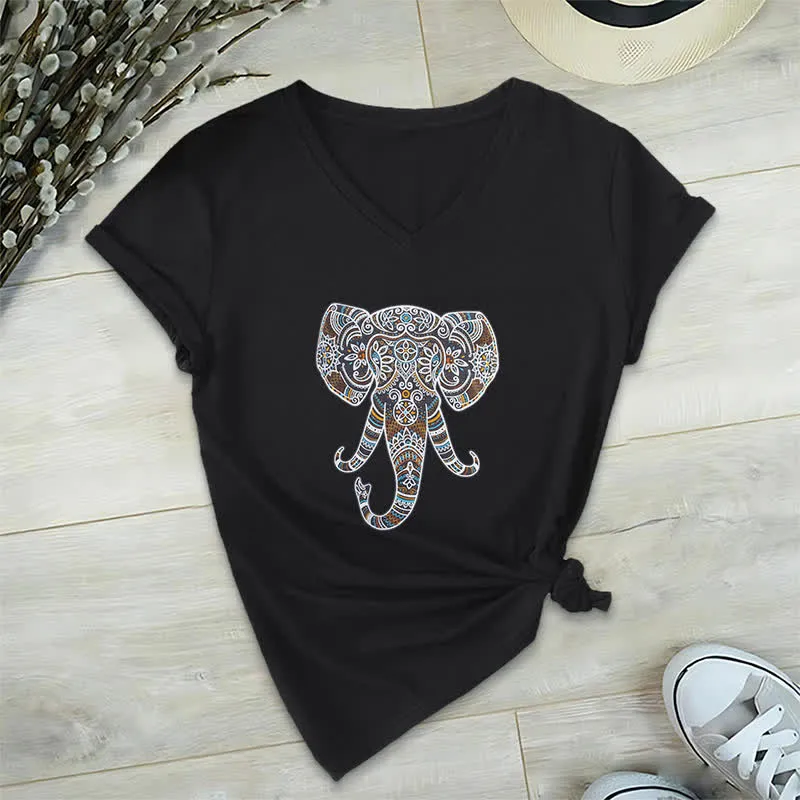 Olivenorma Damen Natur und Tier Elefant V-Ausschnitt T-Shirt