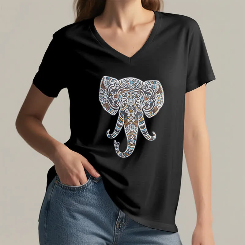 Olivenorma Damen Natur und Tier Elefant V-Ausschnitt T-Shirt