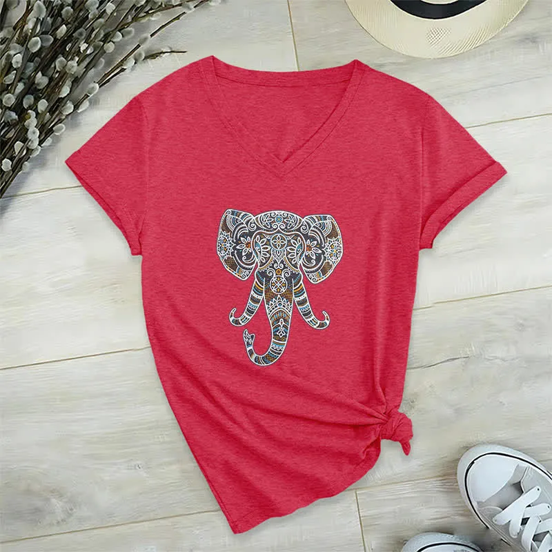 Olivenorma Damen Natur und Tier Elefant V-Ausschnitt T-Shirt