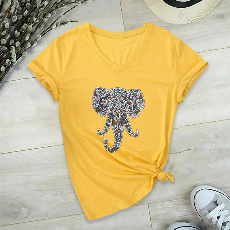 Olivenorma Damen Natur und Tier Elefant V-Ausschnitt T-Shirt
