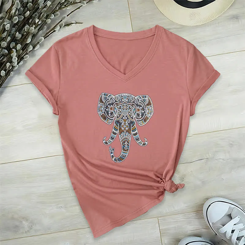 Olivenorma Damen Natur und Tier Elefant V-Ausschnitt T-Shirt