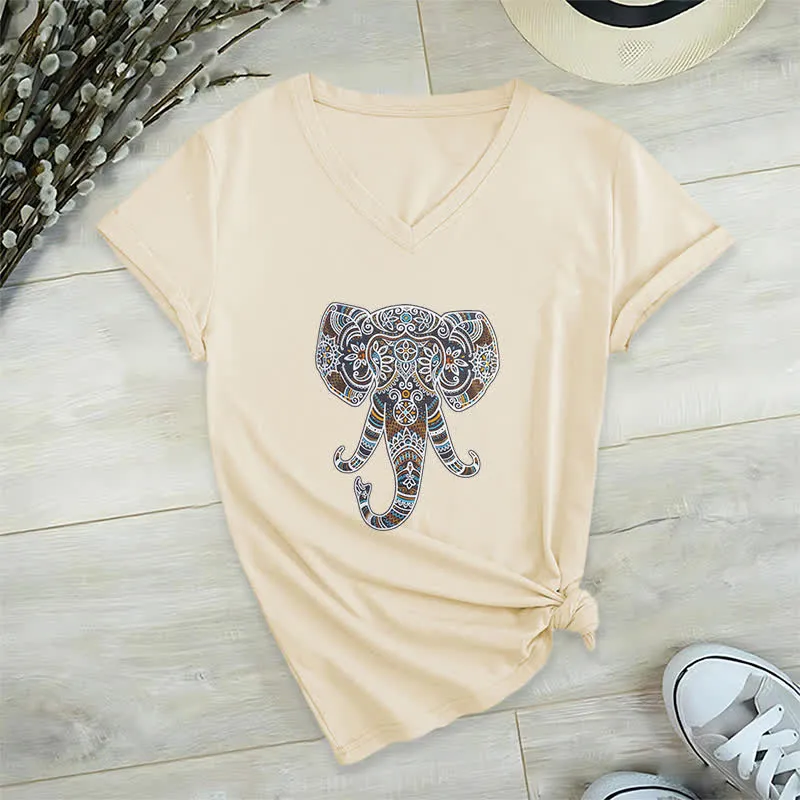 Olivenorma Damen Natur und Tier Elefant V-Ausschnitt T-Shirt