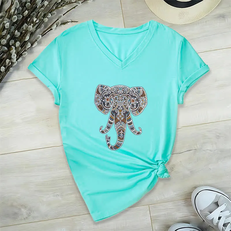 Olivenorma Damen Natur und Tier Elefant V-Ausschnitt T-Shirt