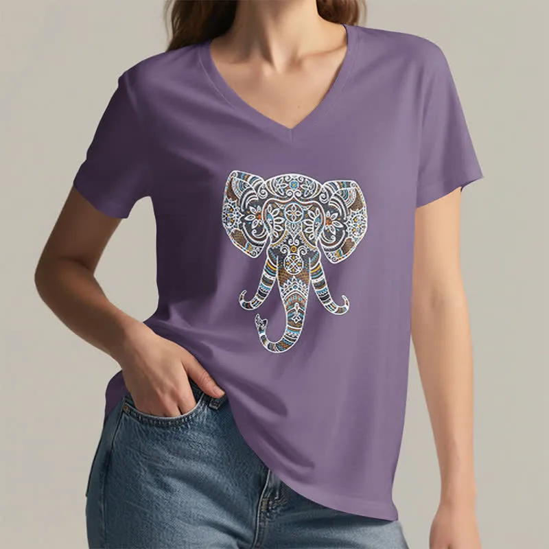 Olivenorma Damen Natur und Tier Elefant V-Ausschnitt T-Shirt