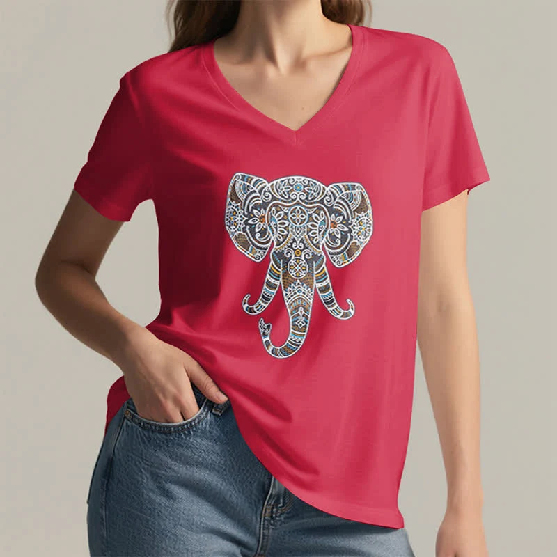Olivenorma Damen Natur und Tier Elefant V-Ausschnitt T-Shirt