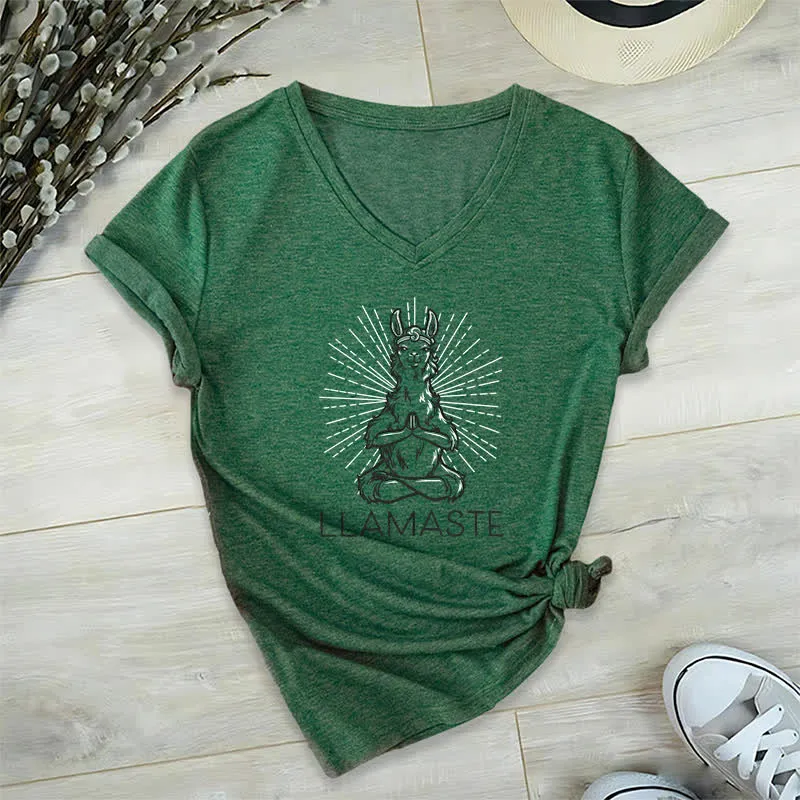 Olivenorma Lustiges Yoga-Lama-Namaste-Workout T-Shirt mit V-Ausschnitt