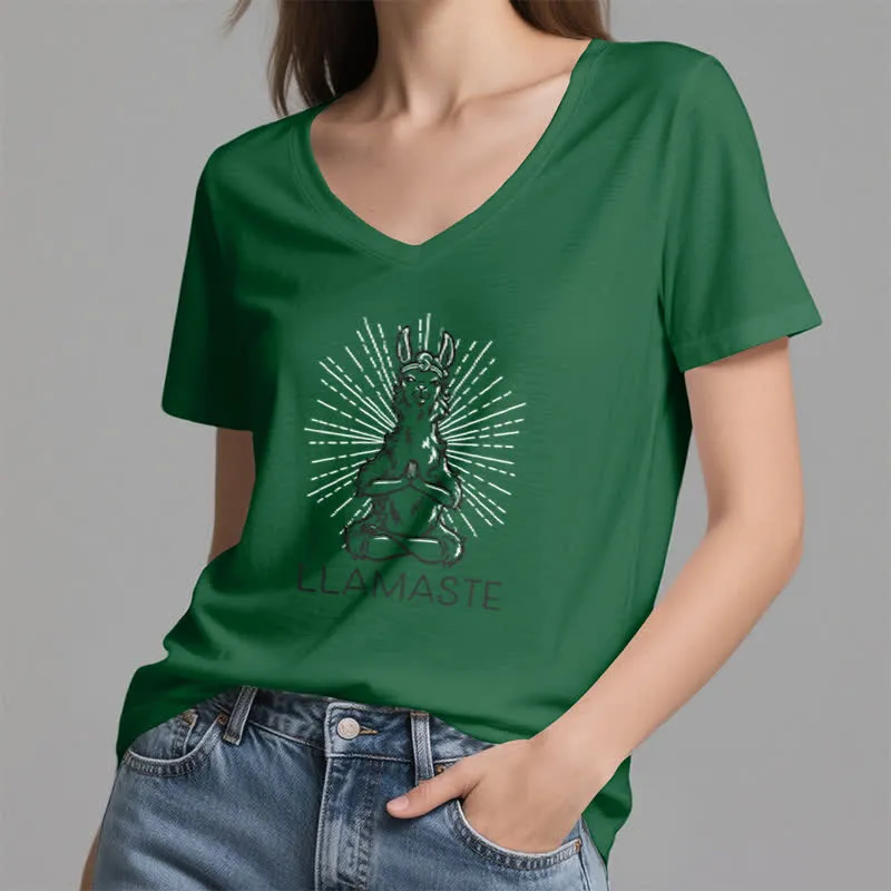Olivenorma Lustiges Yoga-Lama-Namaste-Workout T-Shirt mit V-Ausschnitt