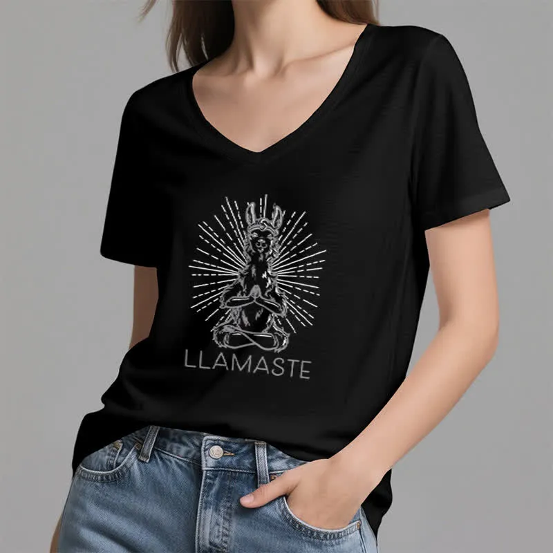 Olivenorma Lustiges Yoga-Lama-Namaste-Workout T-Shirt mit V-Ausschnitt