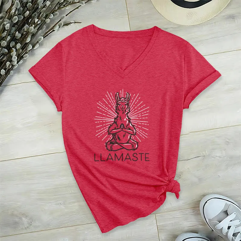 Olivenorma Lustiges Yoga-Lama-Namaste-Workout T-Shirt mit V-Ausschnitt