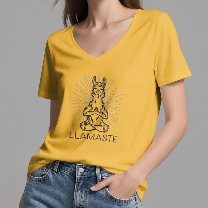 Olivenorma Lustiges Yoga-Lama-Namaste-Workout T-Shirt mit V-Ausschnitt