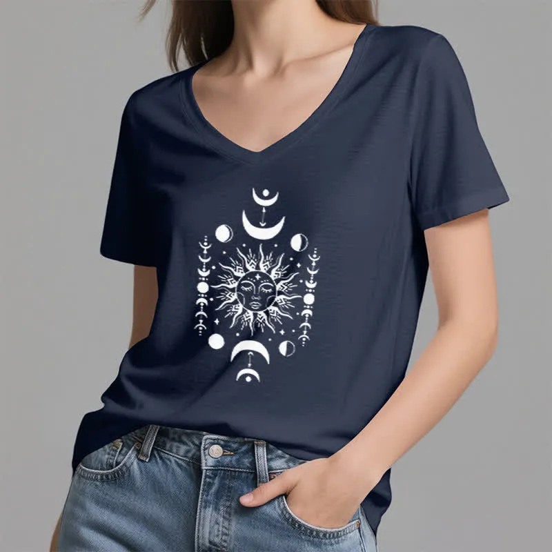 Olivenorma Sonne und Mond Ästhetisches Yoga T-Shirt mit V-Ausschnitt