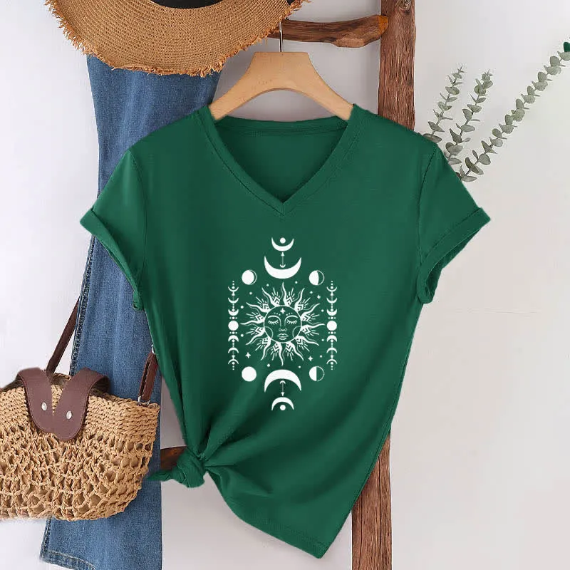 Olivenorma Sonne und Mond Ästhetisches Yoga T-Shirt mit V-Ausschnitt