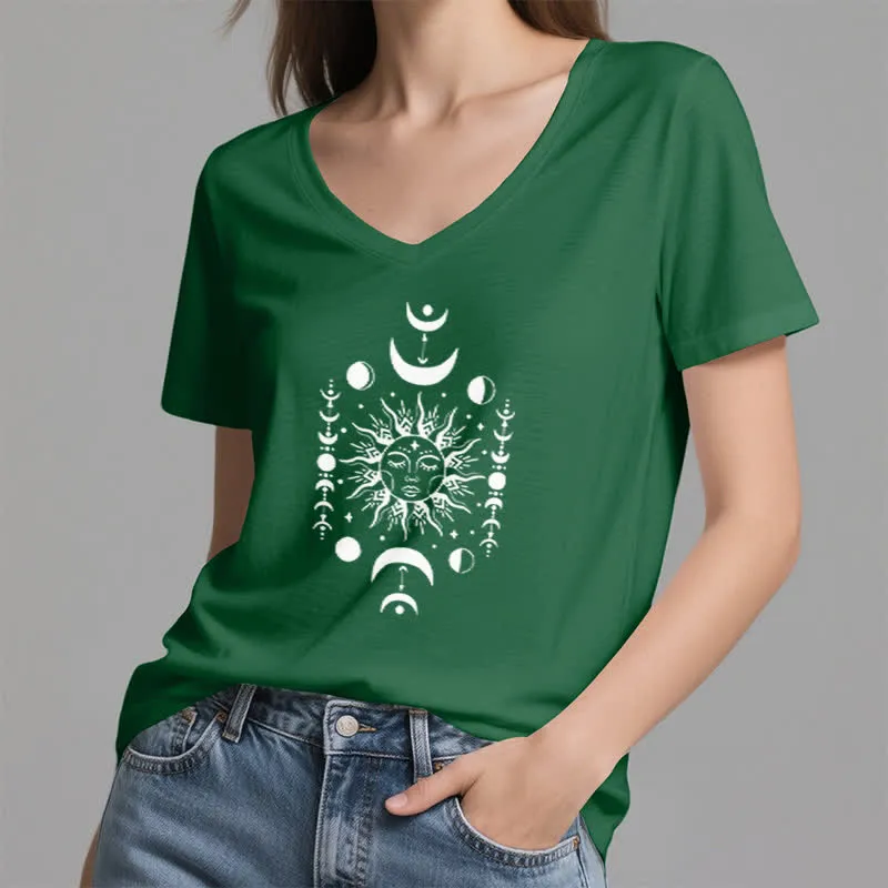 Olivenorma Sonne und Mond Ästhetisches Yoga T-Shirt mit V-Ausschnitt