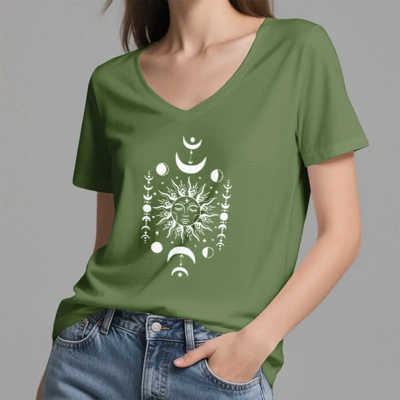 Olivenorma Sonne und Mond Ästhetisches Yoga T-Shirt mit V-Ausschnitt