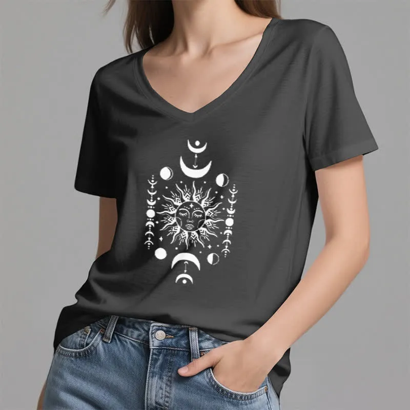 Olivenorma Sonne und Mond Ästhetisches Yoga T-Shirt mit V-Ausschnitt